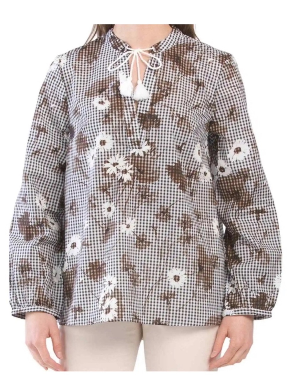 Pearl by Lela Rose Carmel Floral Plaid Voile Tunic Top Size S